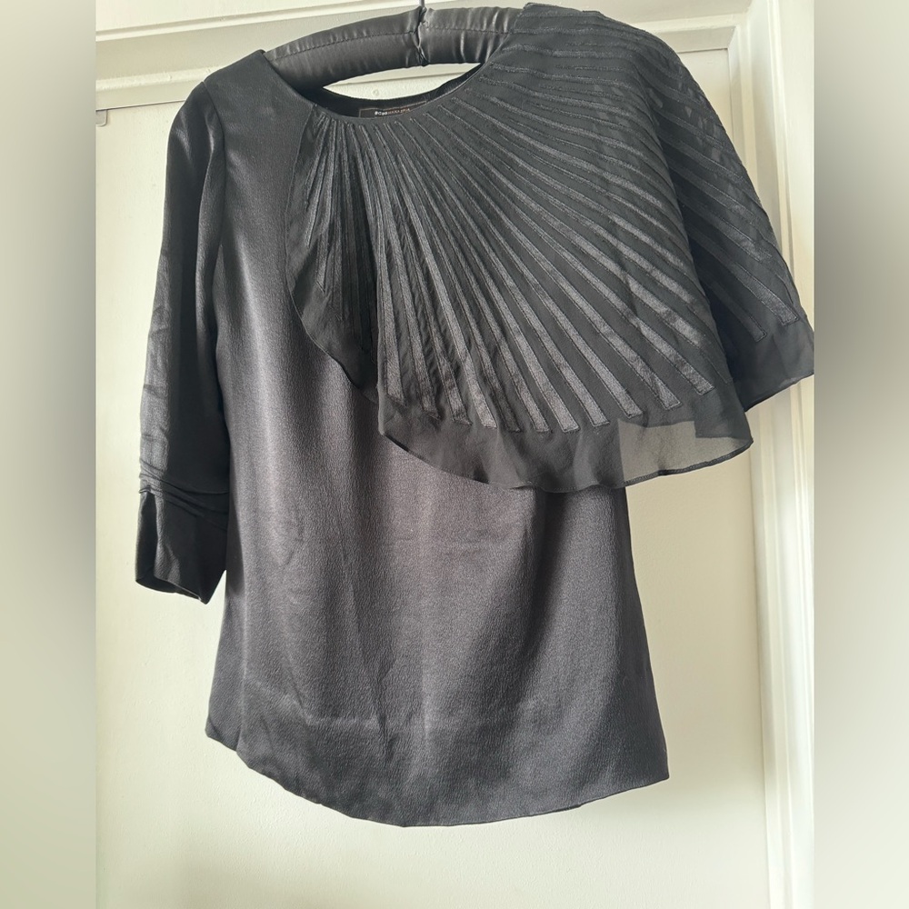 BCBGMaxAzria Black Pleated Sheer Blouse